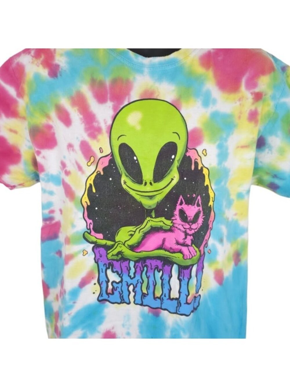 Alien Cat T Shirt Mens Size Large Rainbow Tie Dye Chill Area 51 Roswell